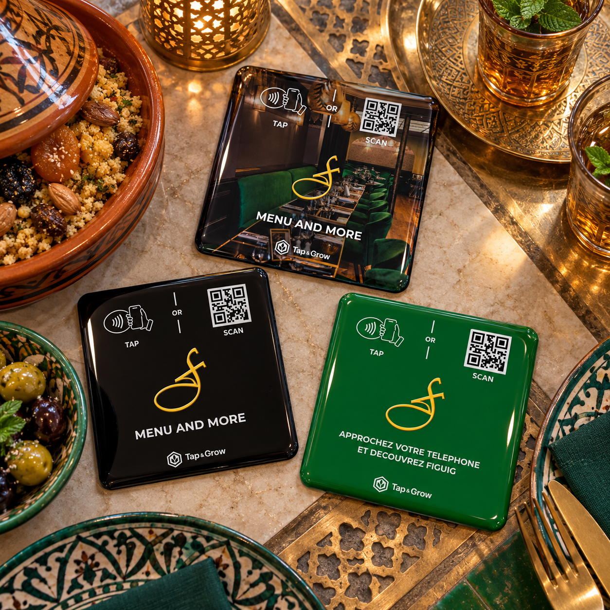 Projection de trois plaques NFC Tap & Grow sur une table de style marocain